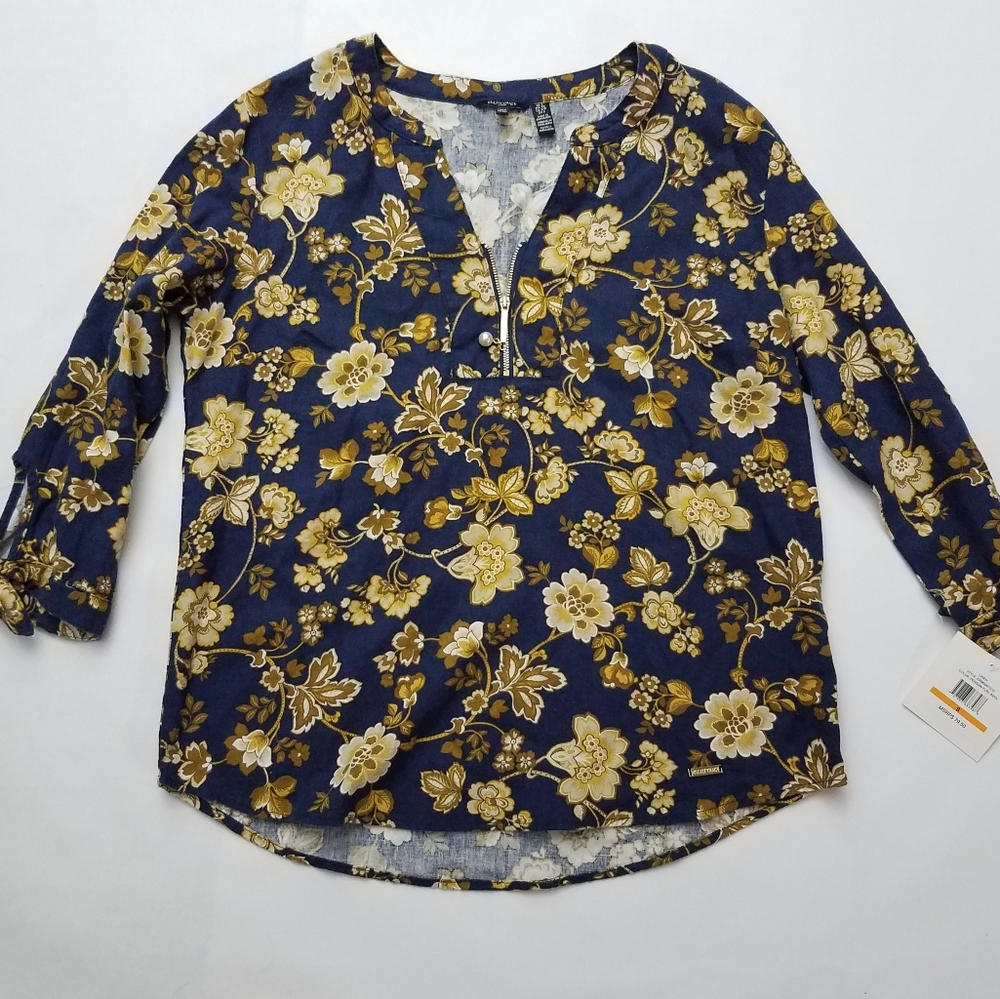 Ellen Tracy Tunic Chic Blouse Floral Linen Top